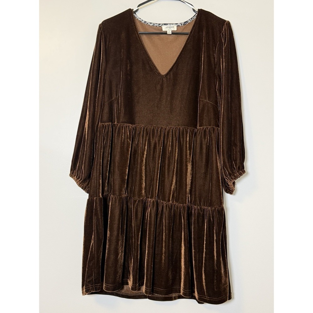 Umgee Brown Velvet Dress M Tiered Babydoll Pleated Boho Leopard Trim Cottagecore